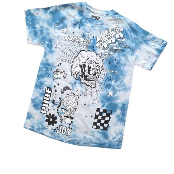 A.LaB Tie Dyed Screen Print Never Grow Up T-Shirt Blue White Medium - Picture 1 of 5